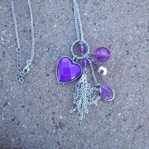 Purple Charm Pendant Necklace Silver Chain Heart Crystal Tassel Y2K Fairycore